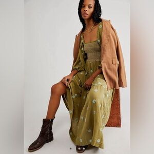Free People • Dahlia Embroidered Maxi Dress • L • Mosstone • Excellent Condition